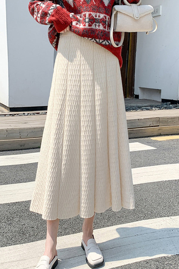 Pleated skirt slimming high-waisted mid-length with sweater A-line skirt apricot one size