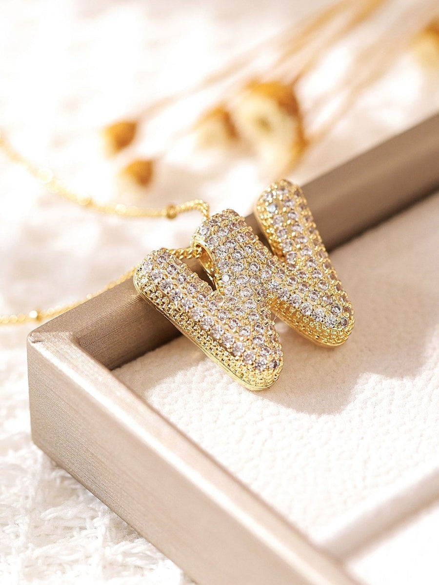 Pavé Bubble Letter Monogram Necklace Gold W