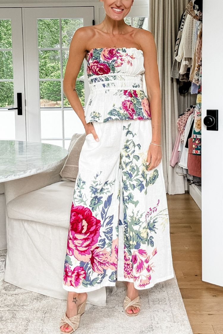 In To The Summer Linen Blend Floral Print Elastic Bandeau and Elastic Waist Pocket Loose Pants Set White