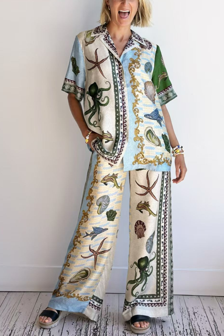Deep Sea Dreaming Satin Unique Print Short Sleeve Shirt and Elastic Waist Pocketed Pants Set Blue