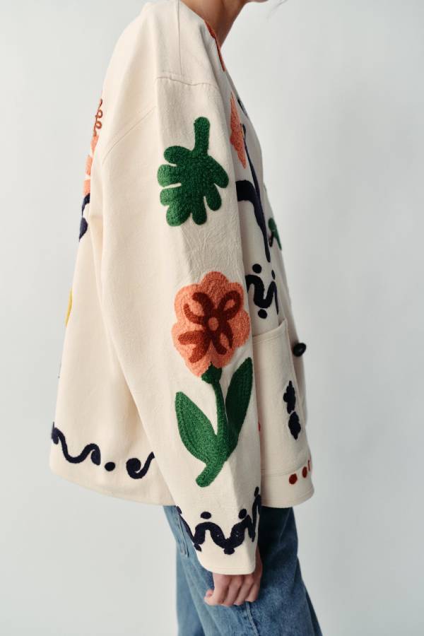 Boho 3D Floral Embroidered Round‑Neck Jacket