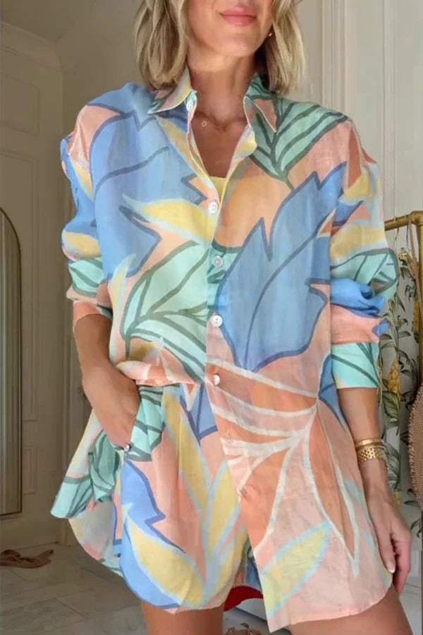 Bella Linen Blend Colorful Unique Print Long Sleeve Blouse and Elastic Waist Pocket Loose Shorts Set Blue