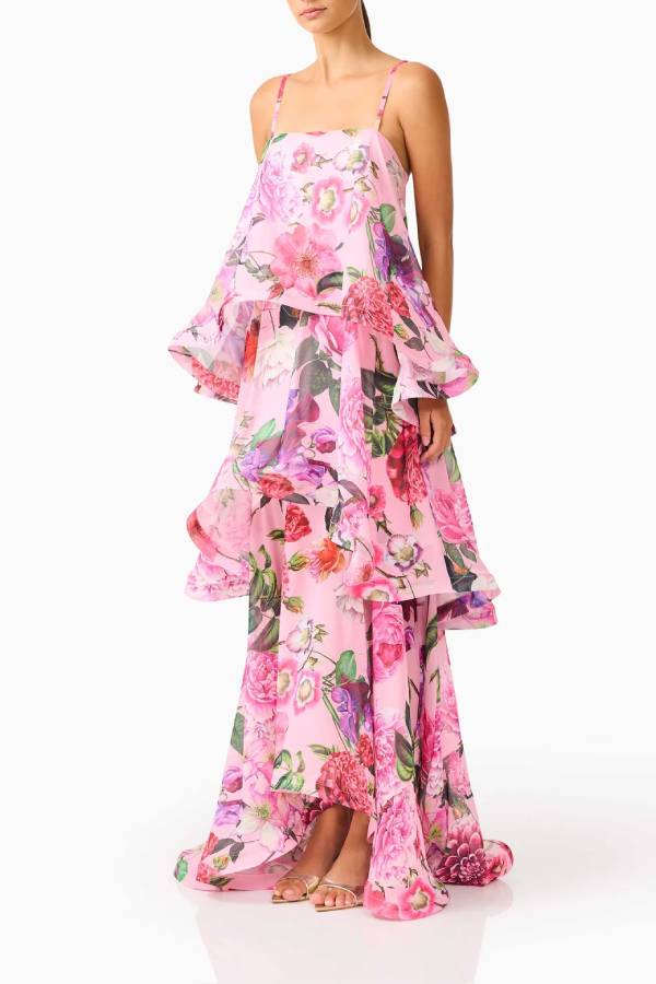 Floral Print Tiered Ruffle Maxi Slip Dress
