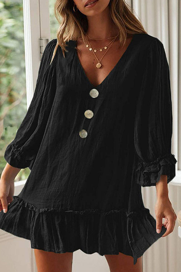 Loose Long Sleeve Ruffle Hem Cotton Linen Dress Black