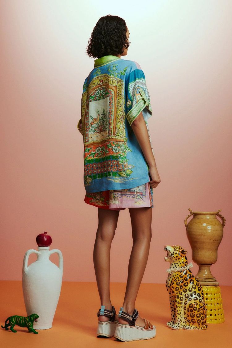 Unique Print Loose Short Sleeve Shirt and Elastic Waist Drawstring Pocket Shorts Set