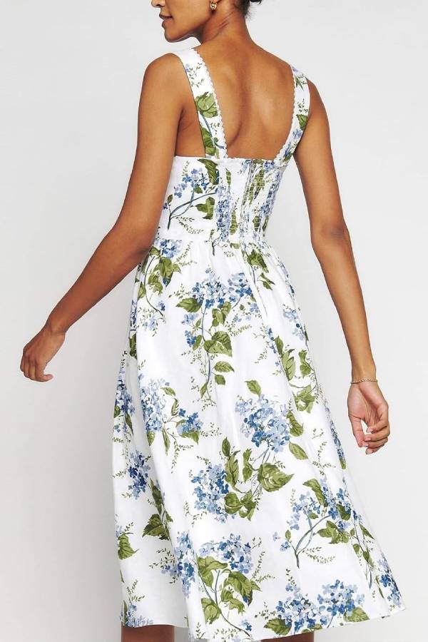 French Hydrangea Print Lace Trim Midi Cami Dress