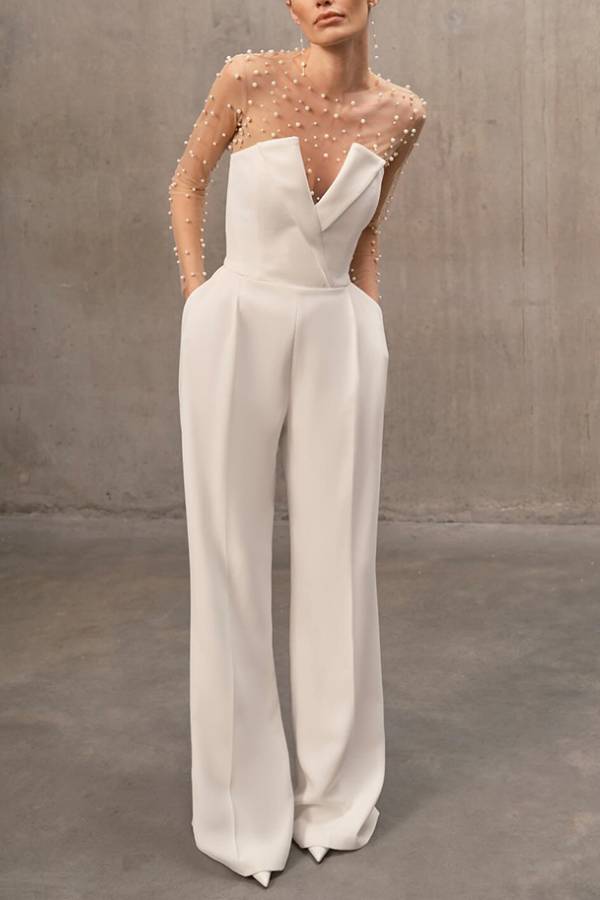 V Neck Strapless Pocketed Wide Leg Jumpsuit
