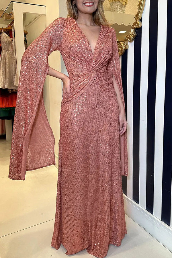 Shine Brighter Sequin Cape Sleeve Cross Waist Evening Maxi Dress Pink
