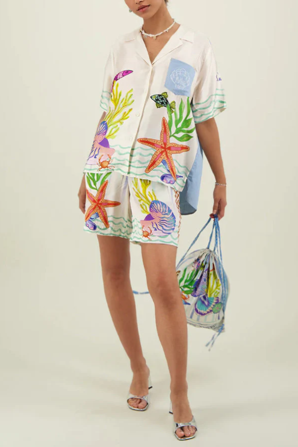 Unique Ocean Shell Print Loose Shorts Two-Piece Set White