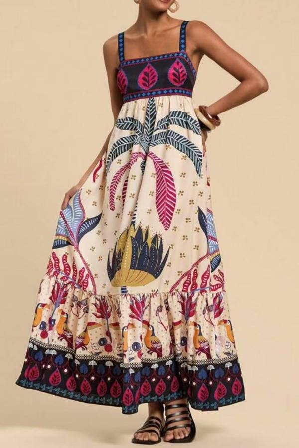 Tropical Print Square-Neck Cami Maxi Dress