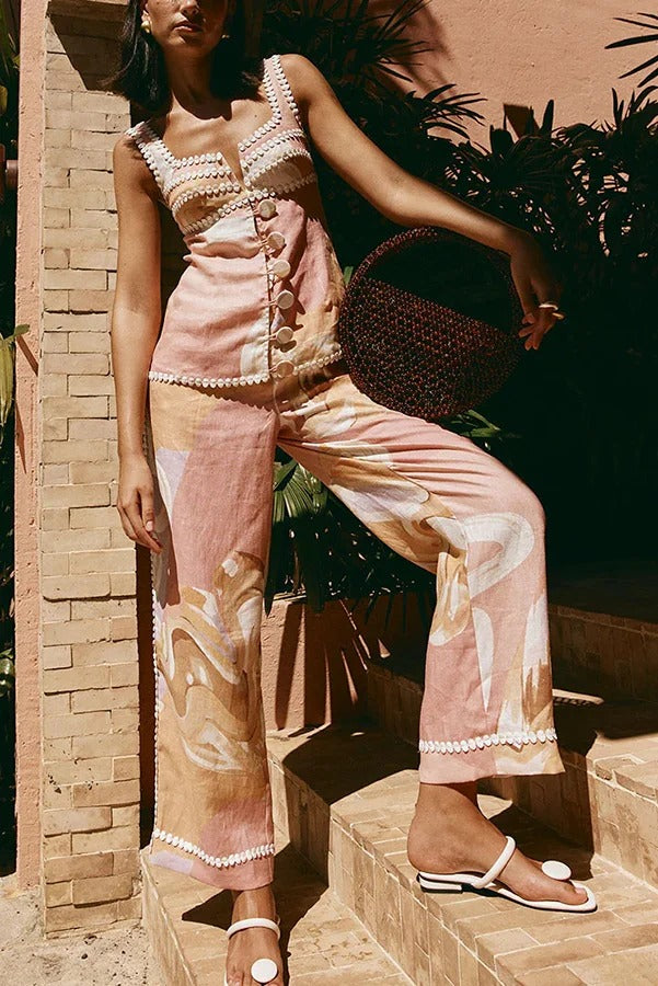 European Summer Linen Blend Ric Rac Trims High Rise Pocket Loose Pants