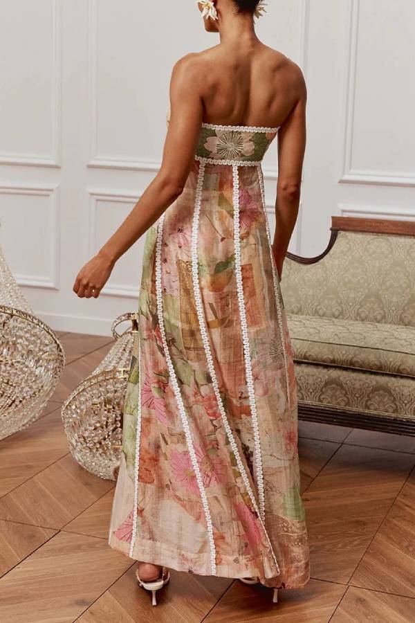 Vintage Floral Strapless Split Maxi Skirt & Shorts Two Piece Set