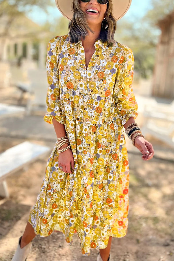 Boho Floral Collared Long Sleeve Dress Yellow