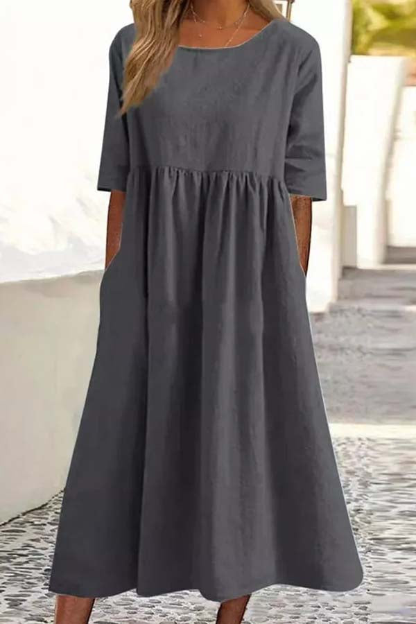 Summer Hot Sale -Round neck pocket halter cotton dress Grey