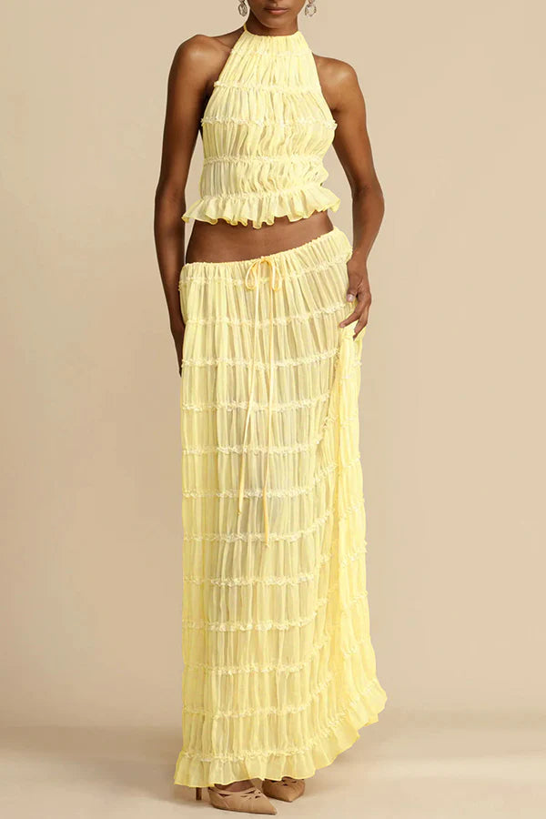 Versatility and Vintage Charm Pleated Drawstring Waist Tiered Maxi Skirt Yellow