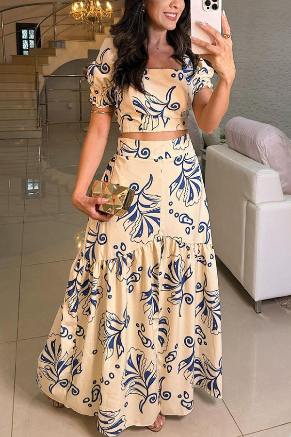 Lillah Unique Print Puff Sleeve Smocked Top and Elastic Waist Maxi Skirt Set Blue