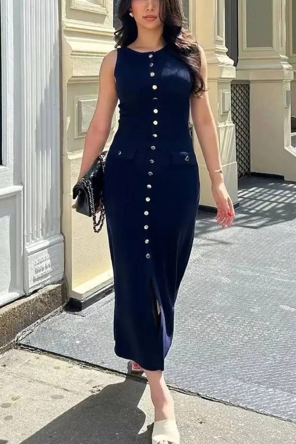 Temperamental and mature long knitted dress Navy Blue
