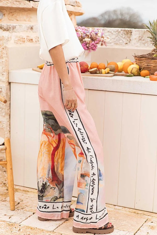 Unique Printed Elastic Waist Vacation Casual Wide Leg Pants
