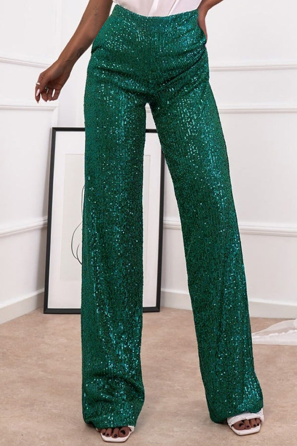 Solid color sequined fashionable casual straight pants Green
