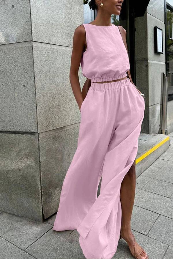 Cotton and Linen Slit Fashionable Two-piece Set Pink