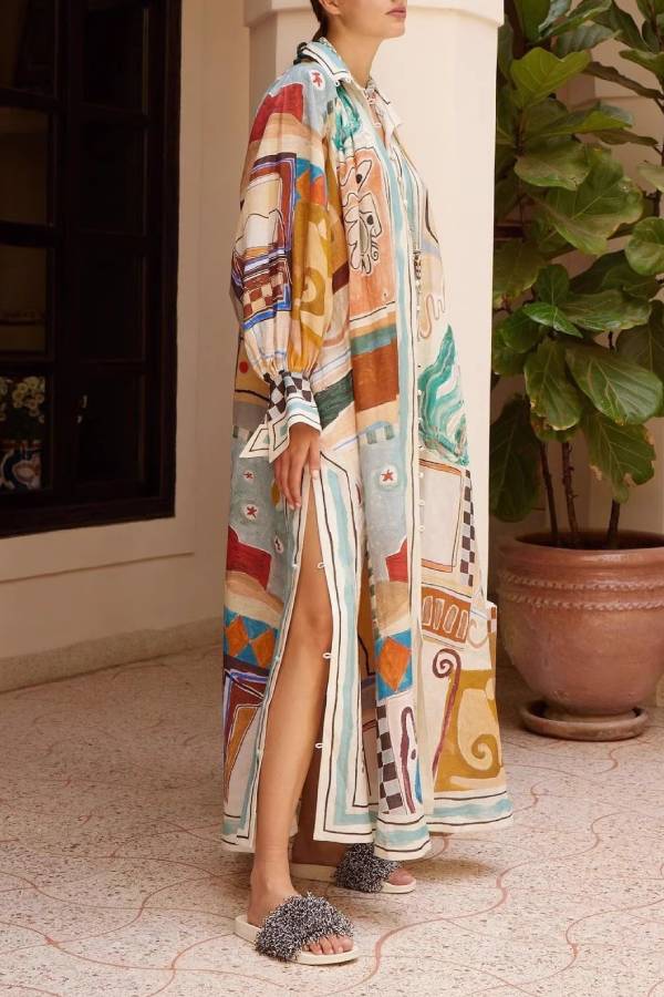 Abstract Art Print Loose Long Shirt Dress