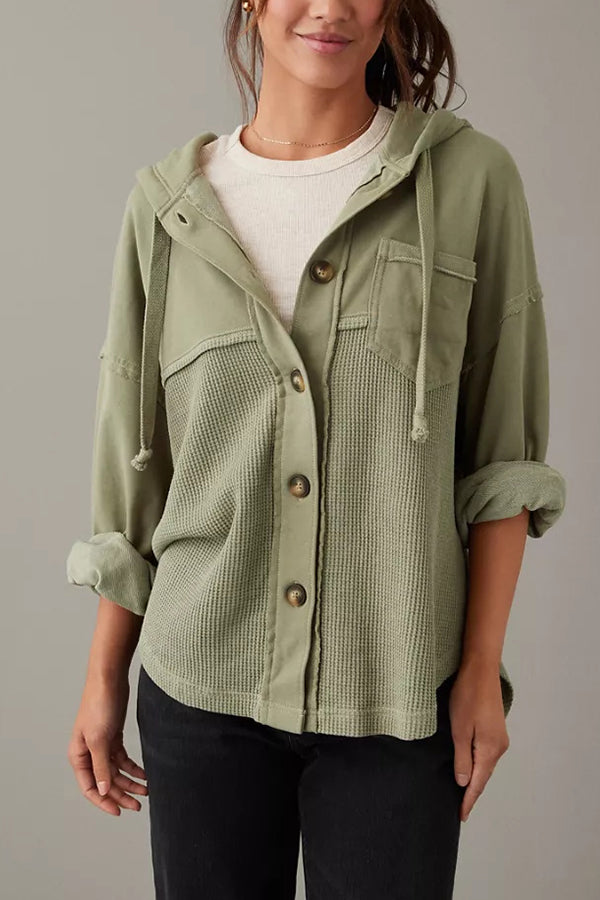 Hooded casual solid color long-sleeved top Green