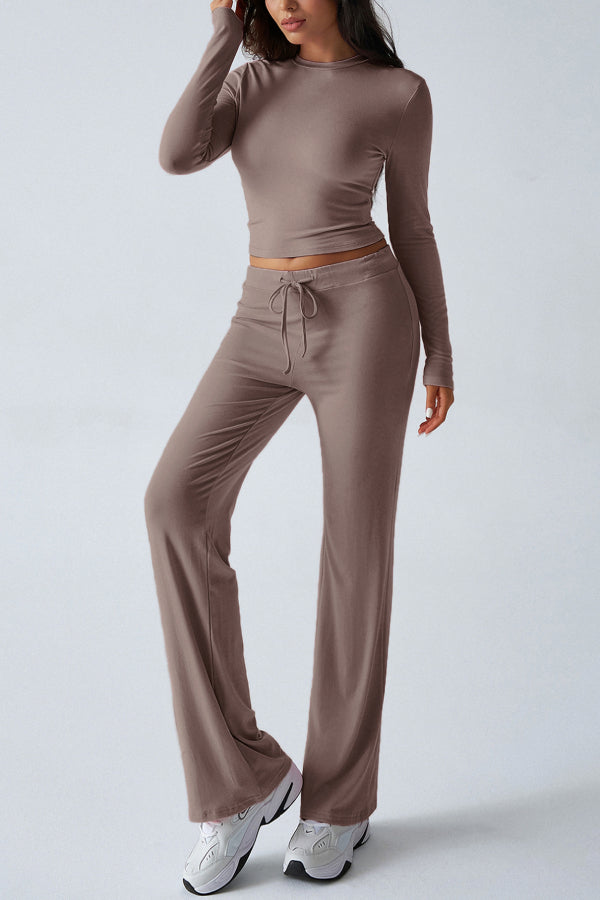 Casual Sports Style Slim Fit Long Sleeve Top Two Piece Set Brown