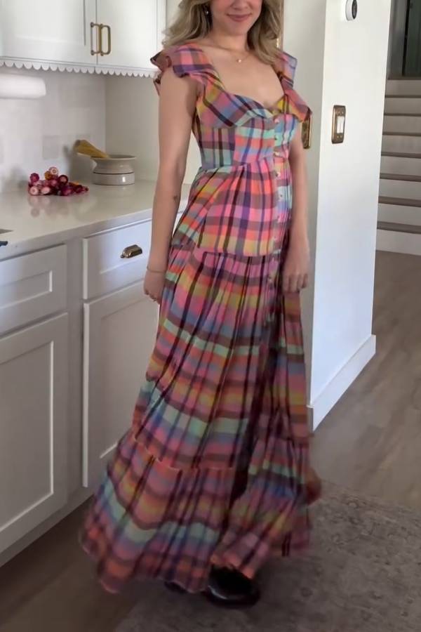 Rainbow Plaid Square-Neck Ruffle Tiered Maxi Dress