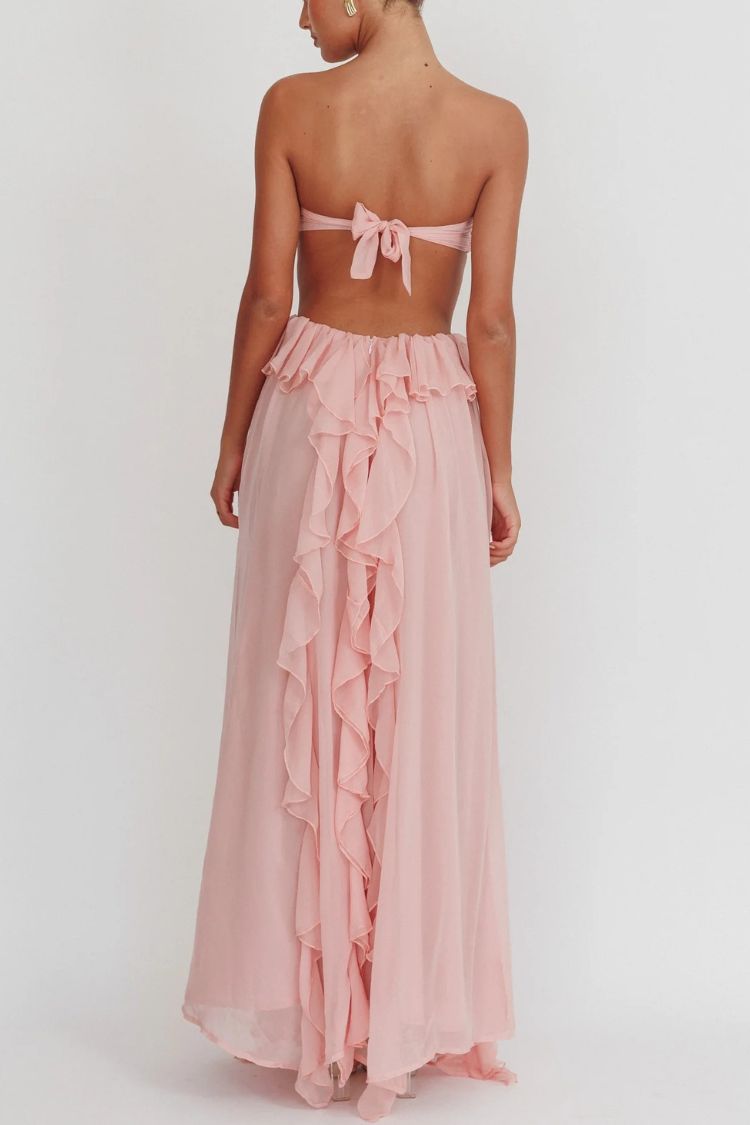Gorgeous Vacation Halter Rose Detail Cut Out Ruffles Backless Maxi Dress