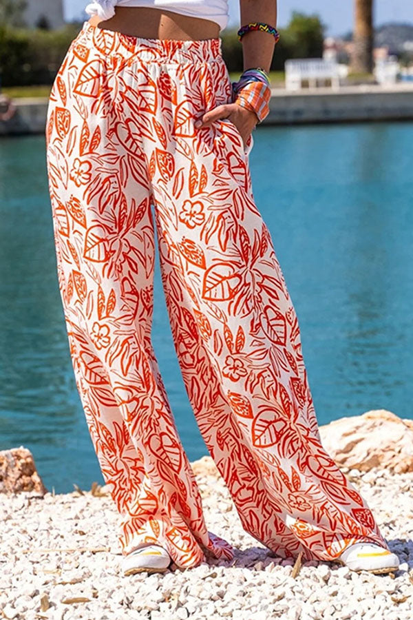 Printed trousers Wide-leg pants Diagonal pocket casual pants Orange
