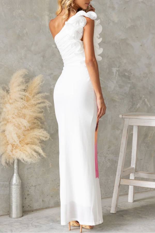 One-Shoulder Ruffled Printed Mesh Bodycon Maxi Dress