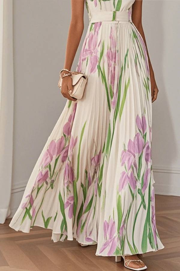 Weißes plissiertes Chiffon-Maxikleid mit Blumenmuster und quadratischem Ausschnitt, ärmellos, A-Linie