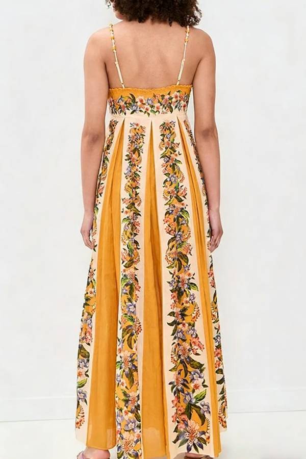 Bloom Bright Linen Blend Floral Print Beaded Shoulder Straps Pocket Maxi Dress
