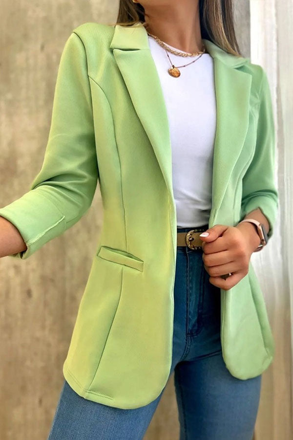 Marciela Solid Color Button Up Side Pocket Blazer Green