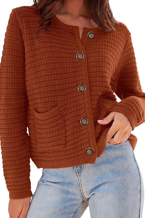 Retro long-sleeved round neck knitted new cardigan caramel colour