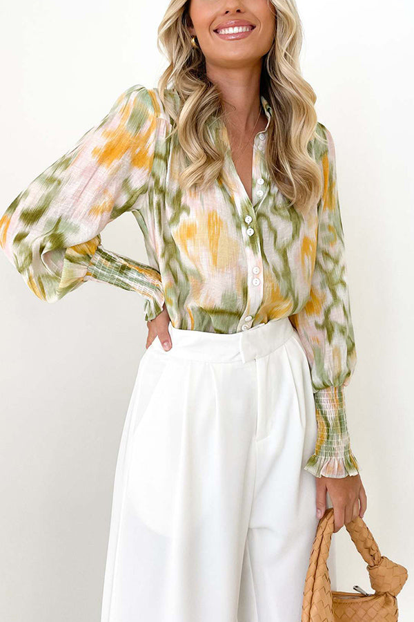 V-neck cardigan lantern sleeve shirt fashionable women's tops Yellow