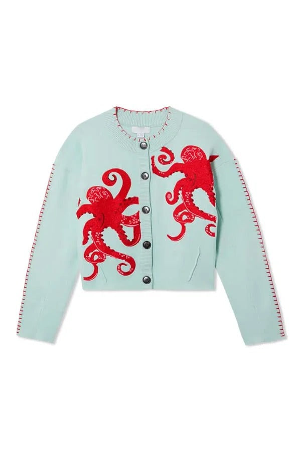 Coastal Fashion Knit Octopus Graphic Contrast Piping Button Up Loose Cardigan