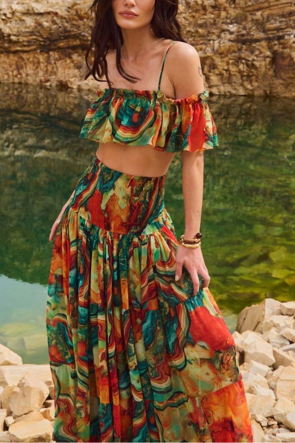 Ocean Views Colorful Lava Print Ruffle Crop Tank and Smocked Hidh Rise Maxi Skirt Set