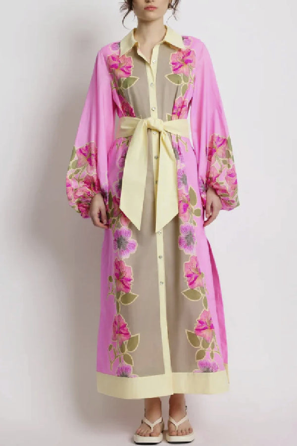 Linen Blend Floral Print Casual Cardigan Lace-up Maxi Dress Pink