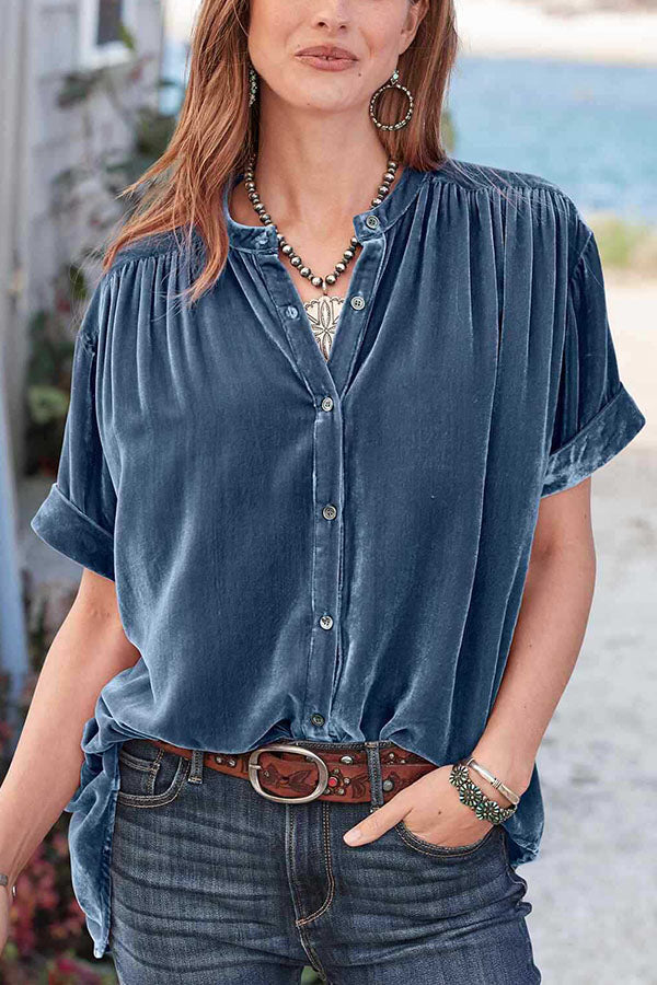 Velvet Solid Short Sleeve Round Neck Single Breasted Shirt Blue