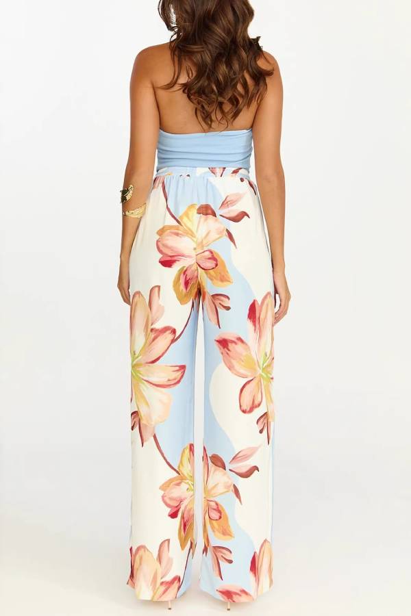Tropical Floral Print High Waist Elastic Wide Leg Pants