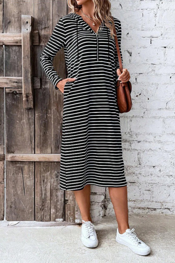 Striped hooded slim fashion long-sleeved dress Black