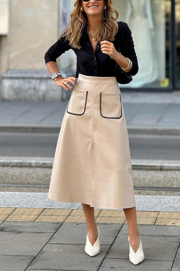Pocket high waist slim fit A-line skirt Khaki