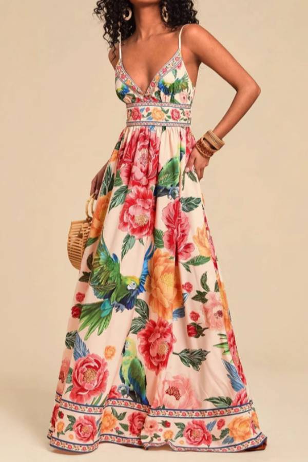 Peony & Parrot Print V-Neck Smocked Waist Cami Maxi Dress