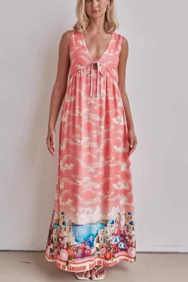 Resort Style Unique Printed Sleeveless V-neck Casual Maxi Dress
