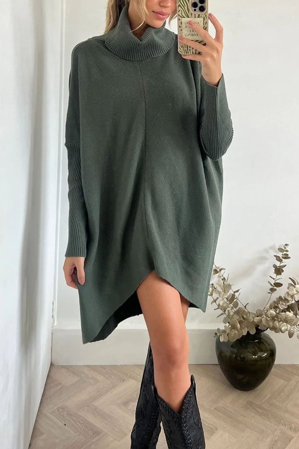 Perfect Winter Walks Knit Turtleneck High-low Hem Loose Midi Sweater Green