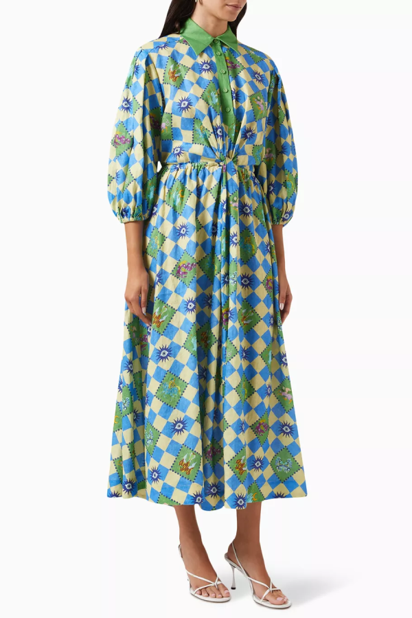 Travel Around The World Unique Print Balloon Sleeve Belt Shirt Midi Dress Green