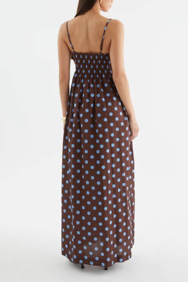 Polka Dot Print Square Neck Gathered Slip Maxi Dress