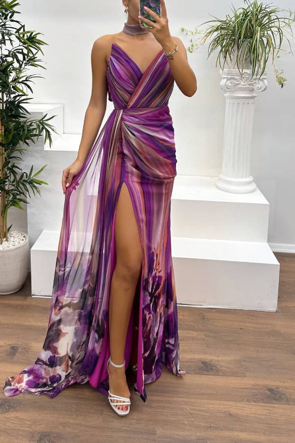 In A Dreamland Chiffon Floral Print Off Shoulder Pleated Scarf Slit Maxi Dress Purple