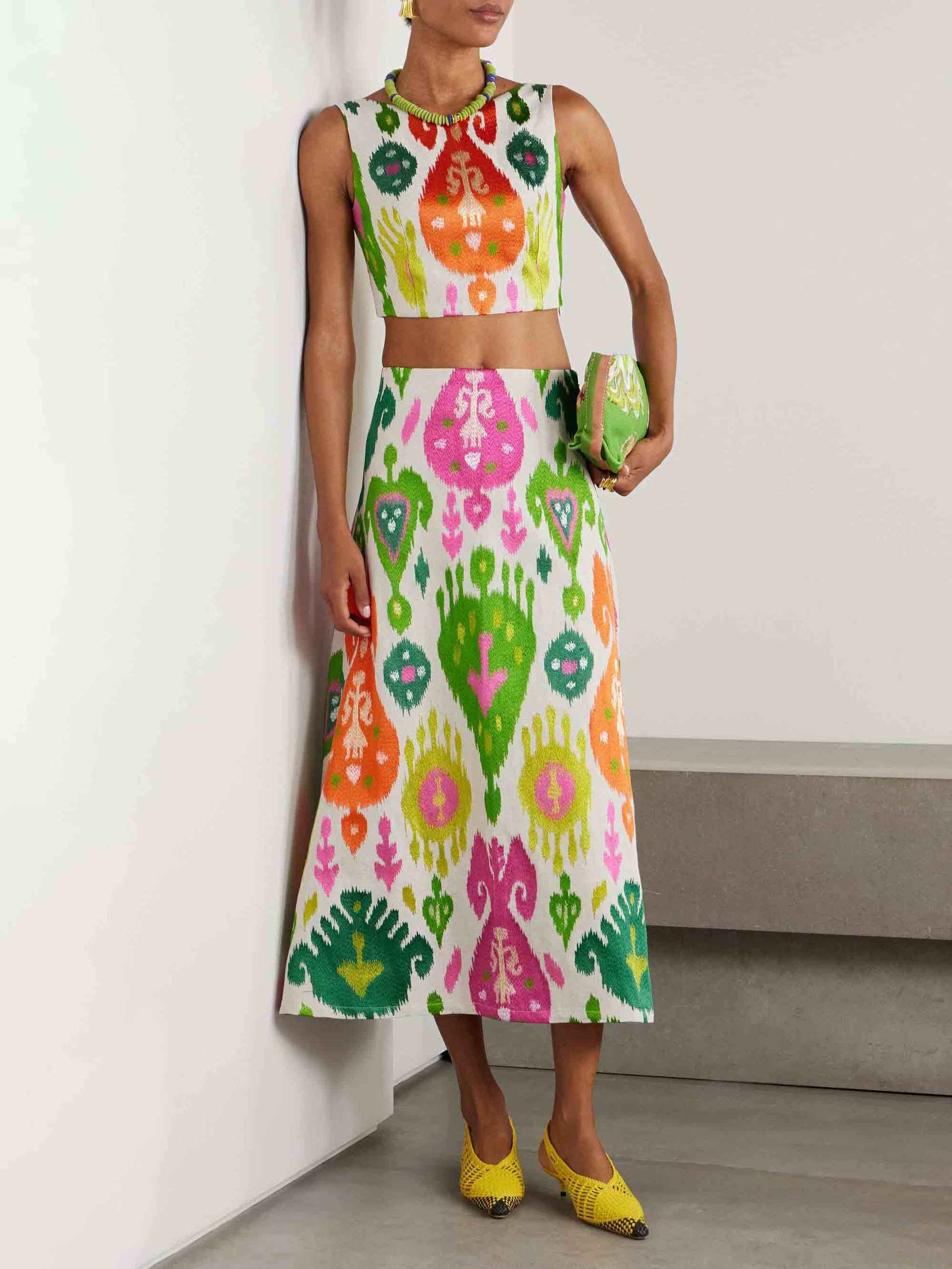 Lebhafter Midirock mit hoher Taille und Ikat-Print